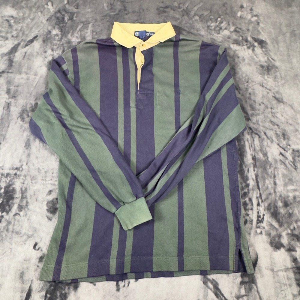 Nautica Rugby Shirt Mens Large‎ Green Navy Blue Striped Long Sleeve Polo 2748